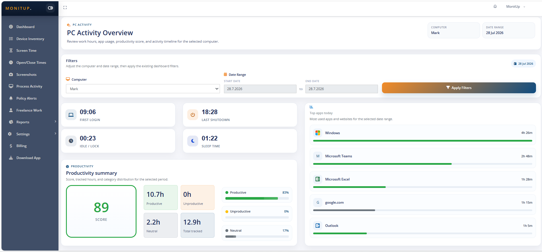 MonitUp central dashboard for Windows monitoring