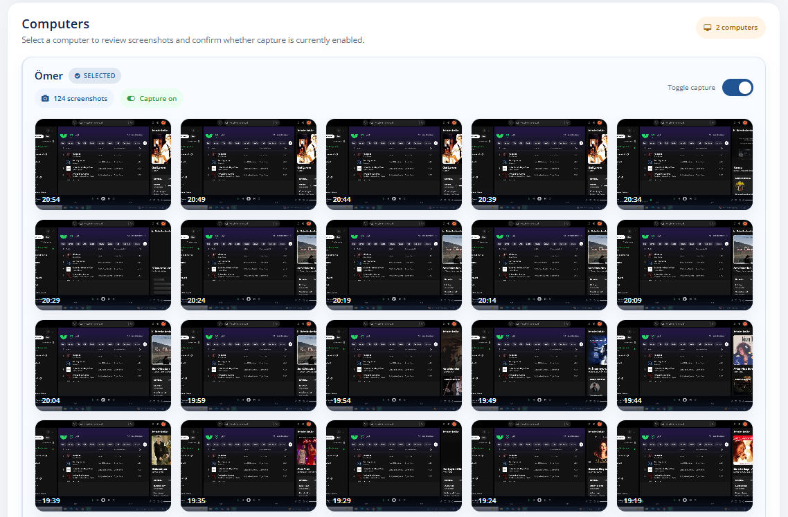 MonitUp screenshot review timeline with captured activity